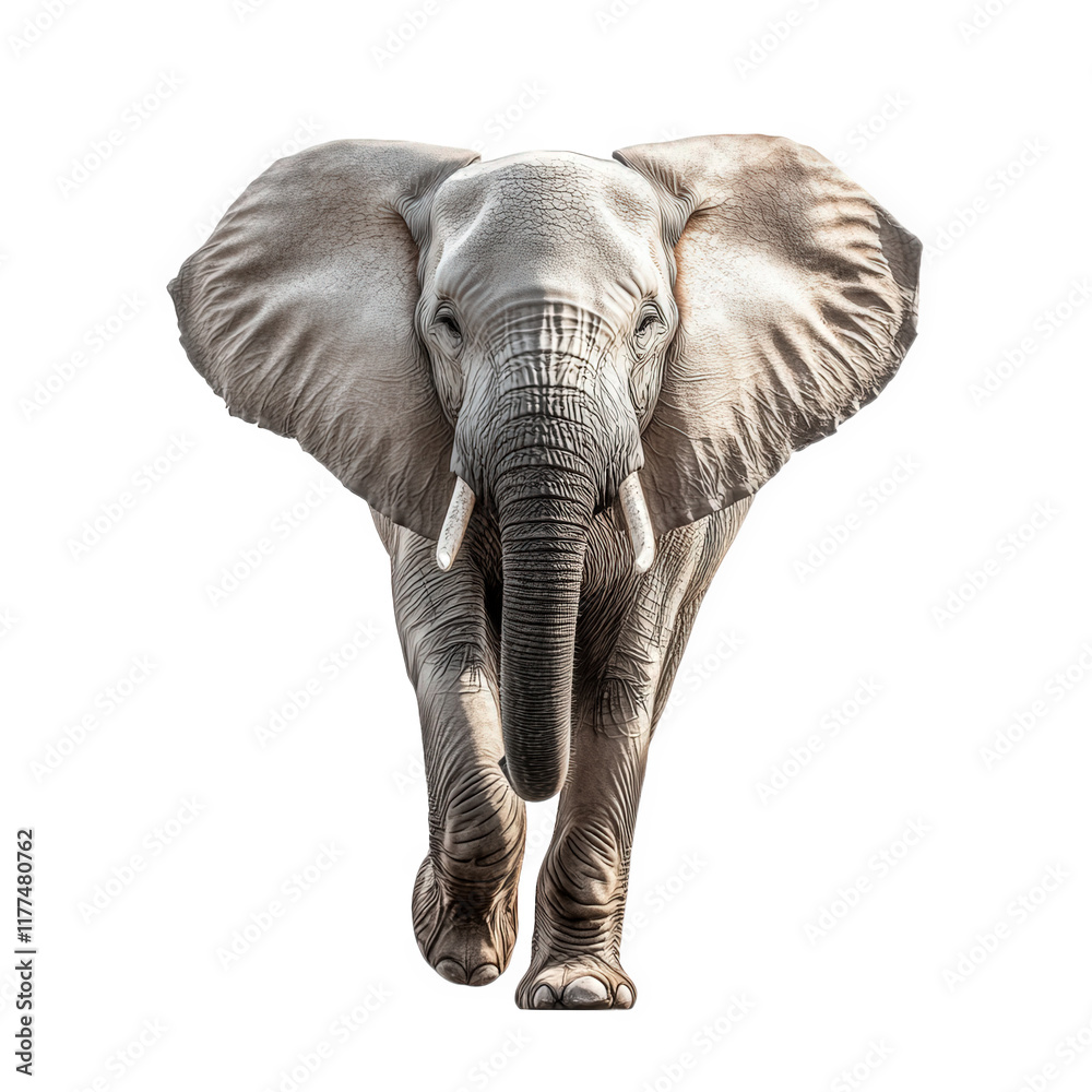 Fototapeta premium a majestic elephant is depicted walking towards the viewer. showcasing its large ears and trunk in a striking. realistic style against a plain background the beauty and grandeur of wildlife. emphasizi