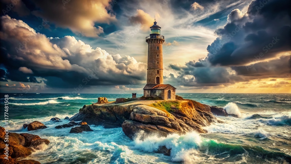 Obraz premium Lonesome Lighthouse on Rocky Island, Dramatic Ocean Seascape - Stock Photo