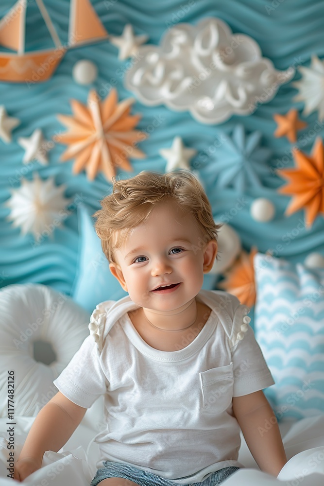 Nautical beach boat scene in papercut style, designed for a baby boy's 1st birthday cake smash photoshoot, with a photography background ideal for studio use Nautical beach boat scene in papercut style, designed for a baby boy's 1st birthday cake smash photoshoot, with a photography background ideal for studio use