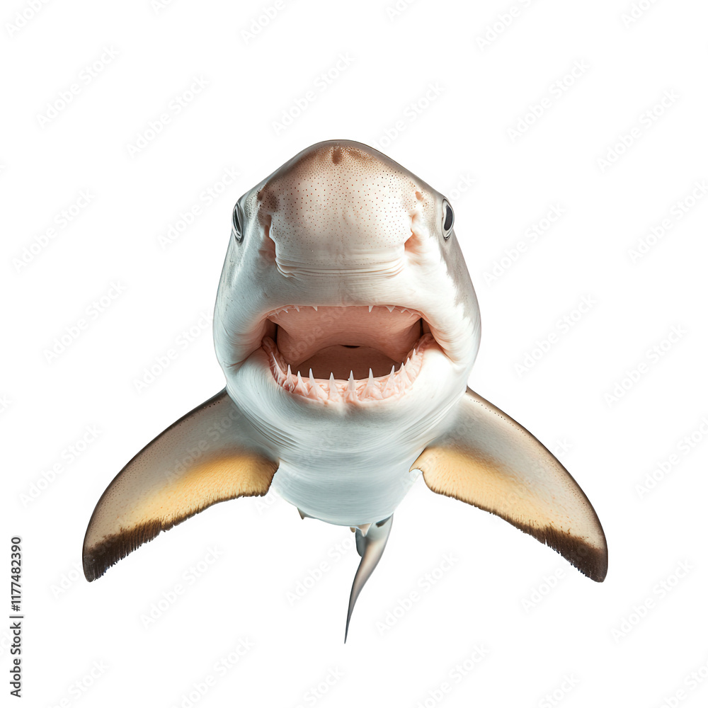 Fototapeta premium a shark. showcasing its open mouth and distinctive features against a clean. white background shark's sharp teeth and streamlined body. emphasizing its role as a powerful marine predator this strikin