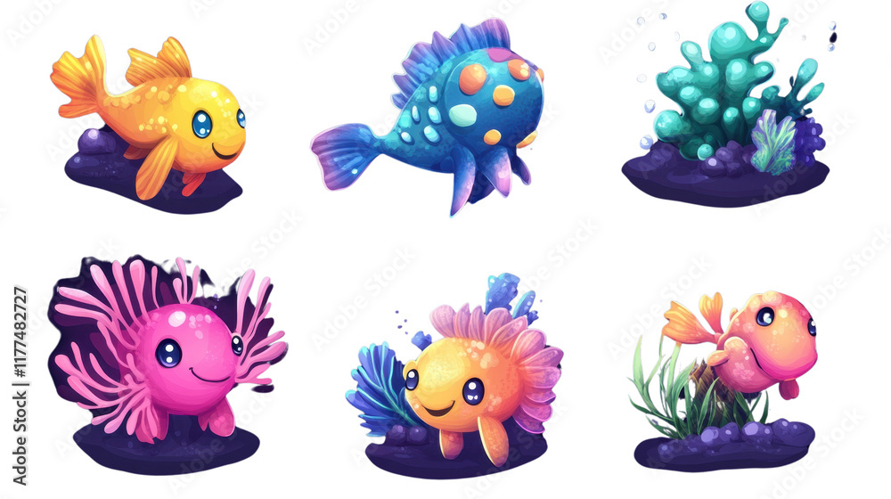Fototapeta premium Cartoon set of cute sea animals including jellyfish, fish, owl, butterfly, and other creatures in a fun and colorful illustrationv