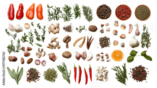 A collection of fresh herbs and spices with vegetables and fruits like tomato, pepper, onion, carrot, and apple, isolated on a white background, perfect for a healthy salad or ingredient illustration photo