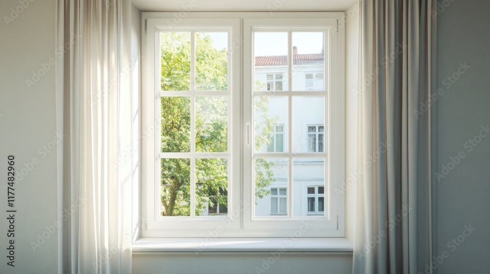 Couple gazing through a bright white window in a minimalist living room with soft beige curtains and lush greenery visible outside, ample space for text. Couple gazing through a bright white window in a minimalist living room with soft beige curtains and lush greenery visible outside, ample space for text.