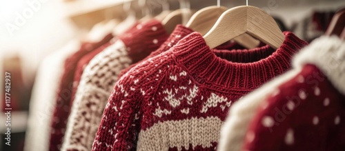 Knitted red Christmas sweaters displayed on wooden hangers in a cozy wardrobe setting for children's winter clothing collection and holiday shopping ambiance photo