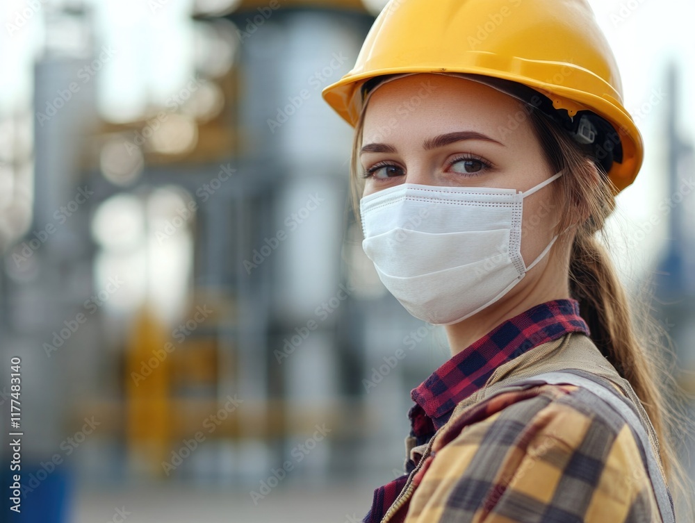 Female factory technician wearing a yellow hard hat and hygienic mask standing with industrial machinery in soft focus background, portrait shot Female factory technician wearing a yellow hard hat and hygienic mask standing with industrial machinery in soft focus background, portrait shot