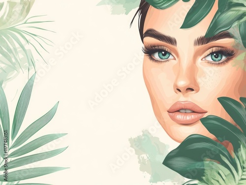 Serene facial treatment illustration featuring a woman's visage surrounded by lush green leaves and soft pastel backgrounds for spa and beauty promotions photo