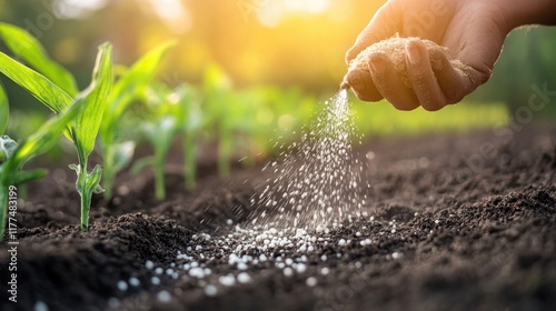 Farmer applying nitrogen phosphorus potassium fertilizer to rich dark soil in vibrant green arable field during golden hour sunlight with ample copyspace photo