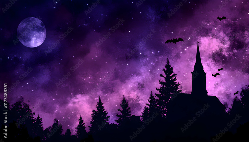 Fototapeta premium Enchanting purple night sky, full moon, silhouetted church steeple, bats flying, dark evergreen trees; mystical Halloween or gothic fantasy artwork.