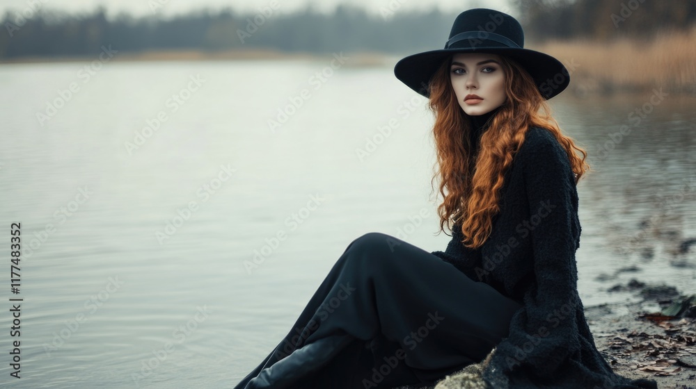 Elegant woman in black attire and wide-brim hat sitting by tranquil lake with soft reflections and muted autumn colors, ample space for text inclusion. Elegant woman in black attire and wide-brim hat sitting by tranquil lake with soft reflections and muted autumn colors, ample space for text inclusion.