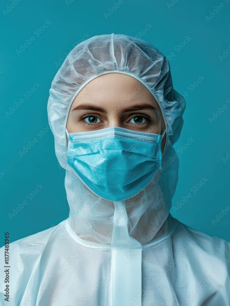 Girl doctor wearing a protective suit and blue mask against a solid turquoise background with ample empty space for text and messaging. Girl doctor wearing a protective suit and blue mask against a solid turquoise background with ample empty space for text and messaging.