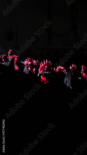 Black Chickens Enjoying Warm Sunlight in Barn Underplay of Sunstripe Patterns