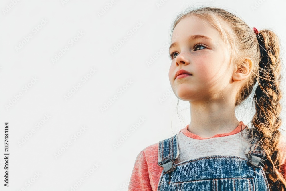 Young girl in denim sports overalls with braided hair against a soft light background showcasing empty space for creative text and advertising. Young girl in denim sports overalls with braided hair against a soft light background showcasing empty space for creative text and advertising.