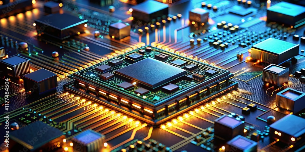 Obraz premium Long Exposure Photography of 3D Rendered Integrated Circuits, Microchips, Electronic Components