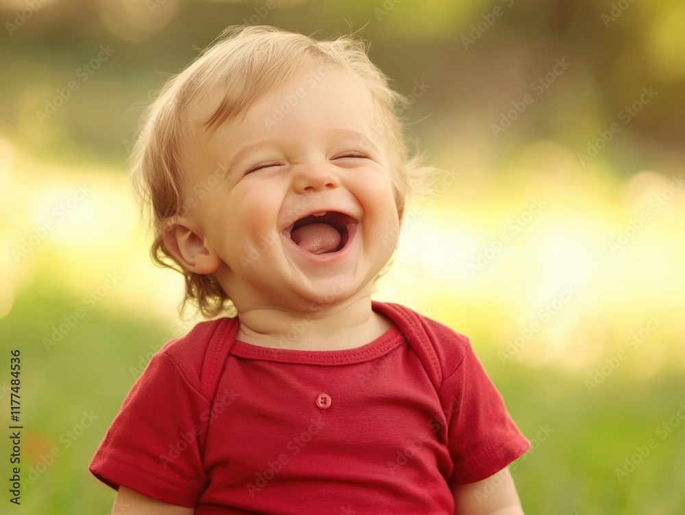 Joyful toddler in vibrant red shirt laughing in sunlit green park with ample empty space for text and a warm, cheerful atmosphere. Joyful toddler in vibrant red shirt laughing in sunlit green park with ample empty space for text and a warm, cheerful atmosphere.