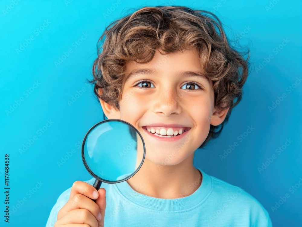 Cheerful young boy with curly hair holding a magnifying glass against a vibrant teal background, inviting creativity and exploration with ample copy space. Cheerful young boy with curly hair holding a magnifying glass against a vibrant teal background, inviting creativity and exploration with ample copy space.