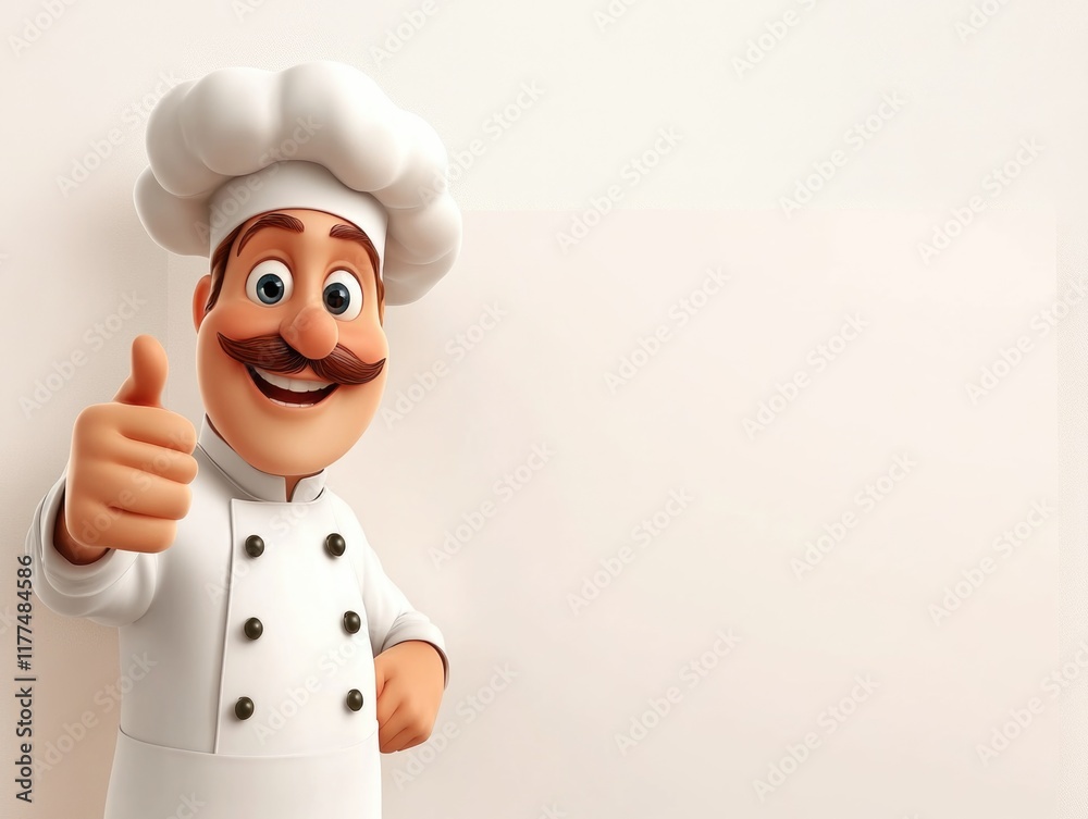 Smiling cartoon chef in white uniform with a chef hat giving a thumbs up against a light beige background, ideal for culinary promotions and advertisements.