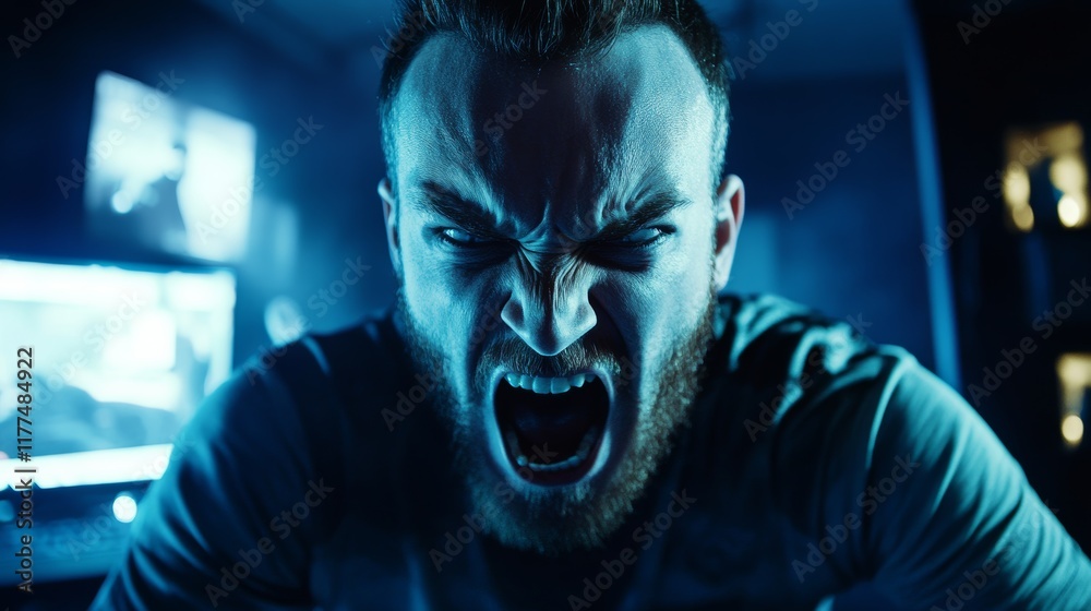 Handheld shot of gamer streaming multiplayer first person shooter angry after losing online tournament on gaming pc. Handheld shot of gamer streaming multiplayer first person shooter angry after losing online tournament on gaming pc.