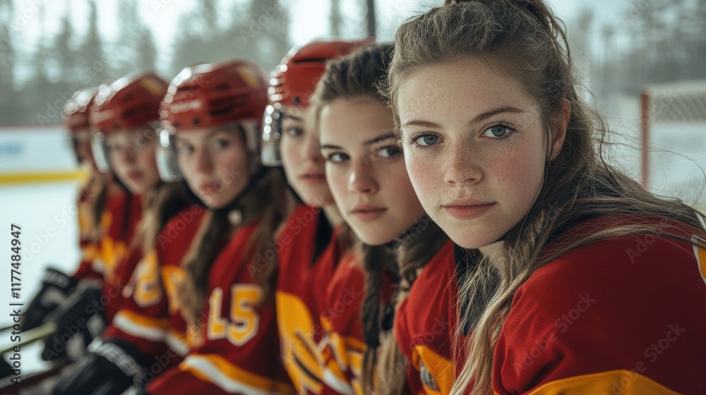 Fototapeta premium Female hockey team in red jerseys sits on bench outdoors, faces showing strength and readiness, epitomizing preparation for victory in winter sports.