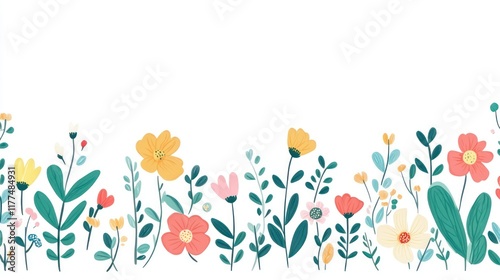 Colorful floral border, spring meadow, white background, website design