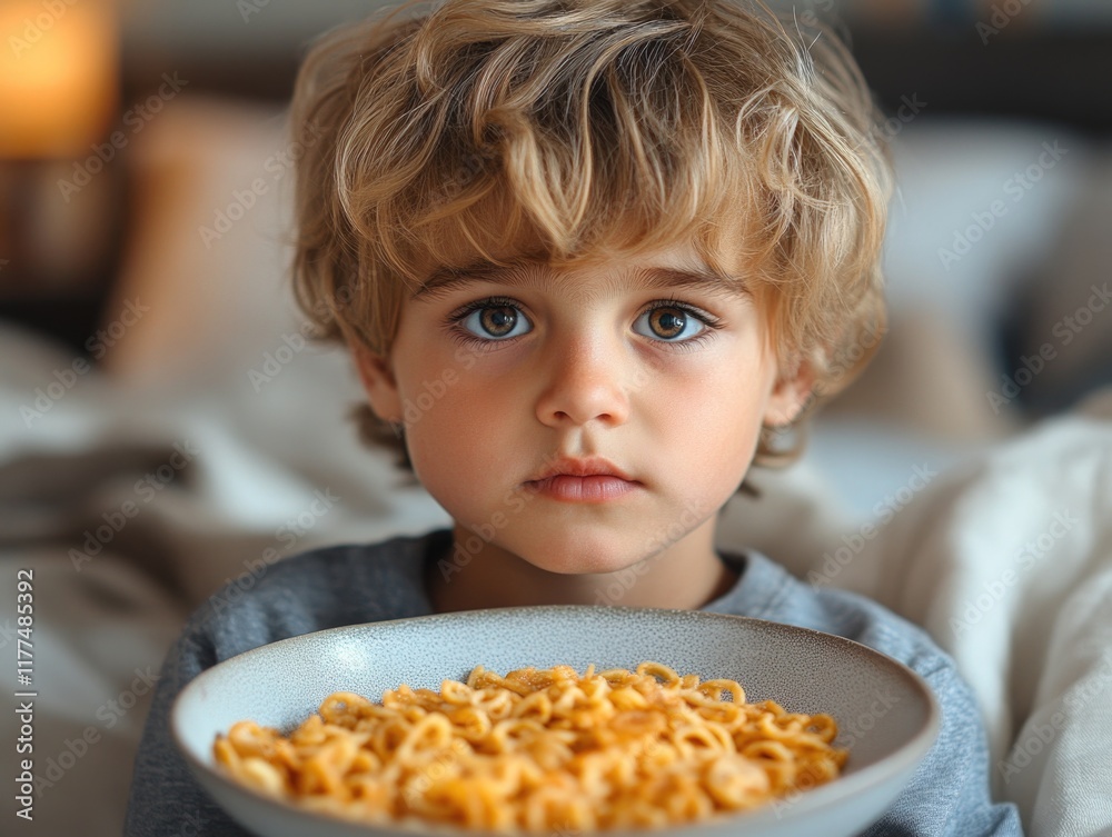 Child in hospital setting displaying boredom with unappetizing food in a bowl, soft morning light illuminating the cozy bed and surroundings. Child in hospital setting displaying boredom with unappetizing food in a bowl, soft morning light illuminating the cozy bed and surroundings.