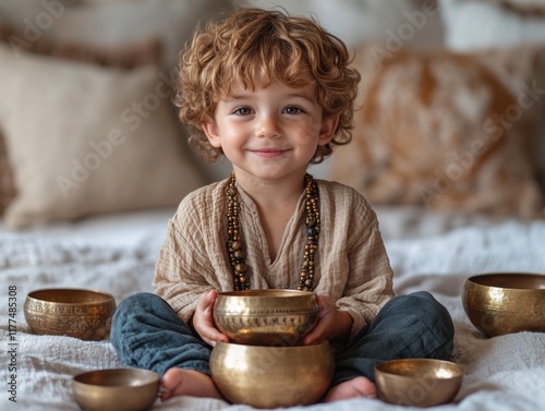Young boy with curly hair joyfully playing with Tibetan singing bowls on a textured bedspread in a serene, softly lit bedroom, perfect for sound therapy concepts.