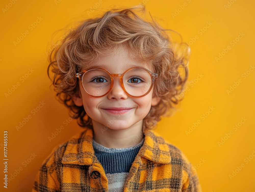 Smiling Little Boy with Curly Hair and Glasses in a Yellow Background Perfect for Copyspace and Text Placement Smiling Little Boy with Curly Hair and Glasses in a Yellow Background Perfect for Copyspace and Text Placement