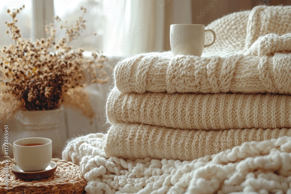 Cozy knitted blankets stack home interior lifestyle photography neutral tones soft light comfort concept Cozy knitted blankets stack home interior lifestyle photography neutral tones soft light comfort concept