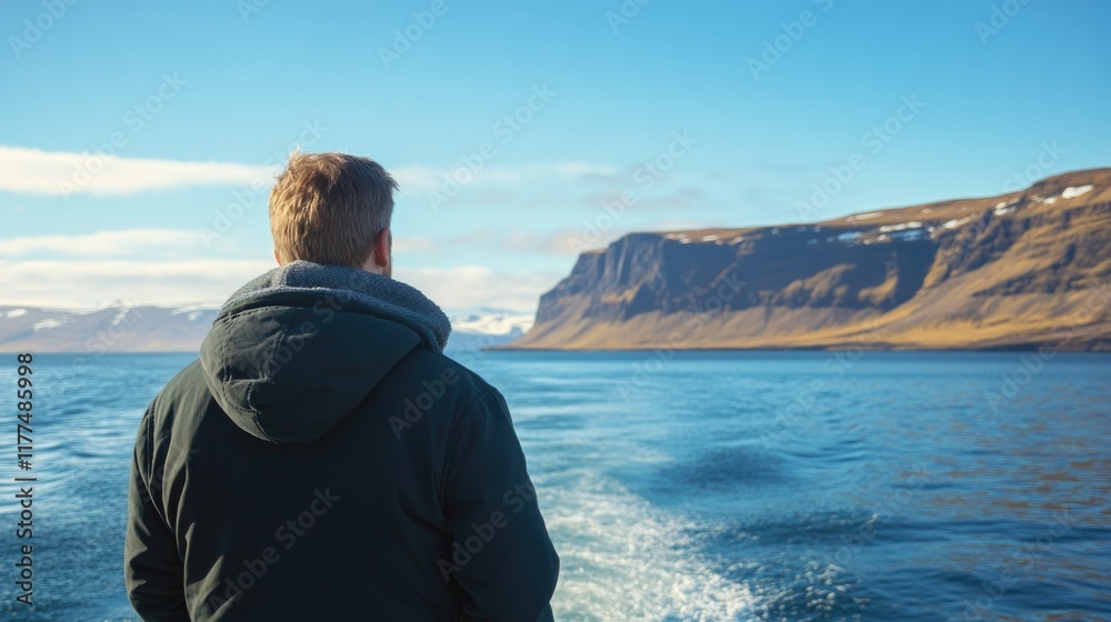Mature man gazing at the tranquil blue waters of Eyjafjordur Fjord in Iceland with majestic cliffs in the background and vast empty space for text Mature man gazing at the tranquil blue waters of Eyjafjordur Fjord in Iceland with majestic cliffs in the background and vast empty space for text