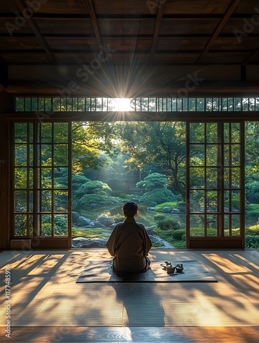 Zen Meditation Moment Traditional Japanese Tea Ceremony in Serene Garden Chamber