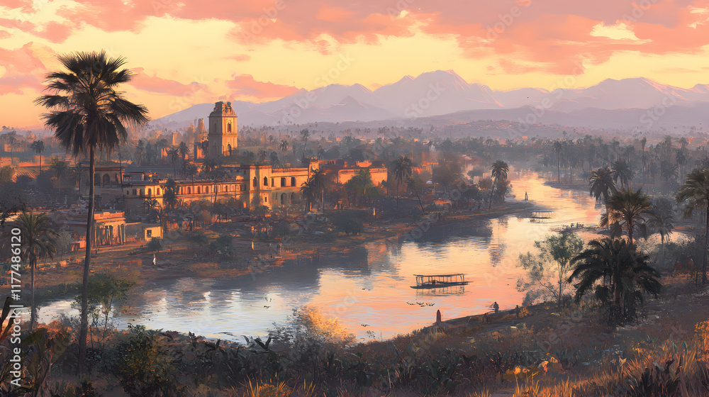 Naklejka premium Serene sunset over a historical river city, palm trees, ancient architecture, and a tranquil river reflecting the warm golden light.