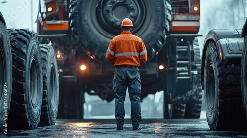 Mechanic in reflective orange safety gear standing in pit beneath large truck tires on industrial road with gray atmosphere and ample empty space for text photo