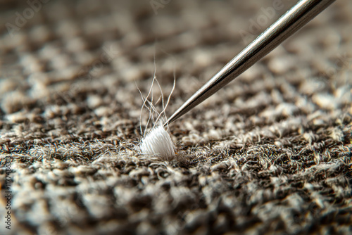 Precision tool lifting single white fiber from textured gray fabric surface