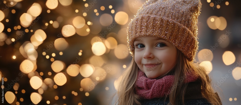Charming portrait of a joyful little girl in a knitted hat and scarf, set against a softly blurred Christmas tree adorned with warm golden lights, ideal for festive celebrations. Charming portrait of a joyful little girl in a knitted hat and scarf, set against a softly blurred Christmas tree adorned with warm golden lights, ideal for festive celebrations.