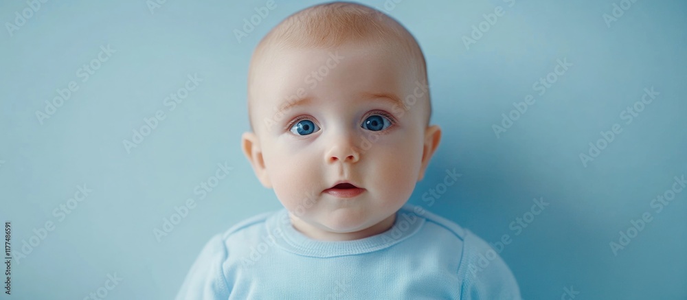 Newborn baby boy dressed in soft light blue attire gazing into the camera against a serene pale blue background, offering spacious empty copyspace for text. Newborn baby boy dressed in soft light blue attire gazing into the camera against a serene pale blue background, offering spacious empty copyspace for text.
