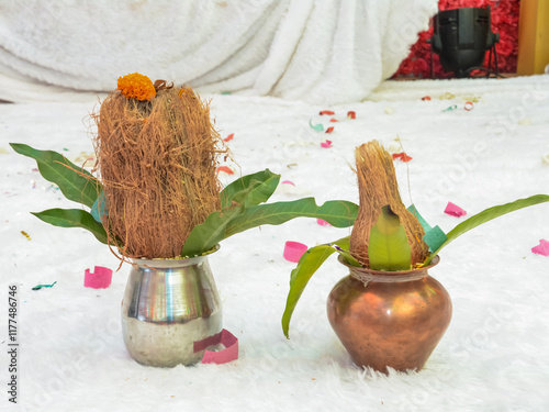 copper and steel kalash coconut mango leaves 