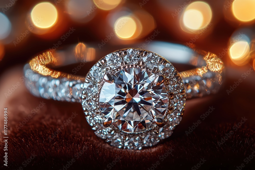 Elegant diamond ring closeup display romantic setting jewelry photography soft lighting luxury concept Elegant diamond ring closeup display romantic setting jewelry photography soft lighting luxury concept