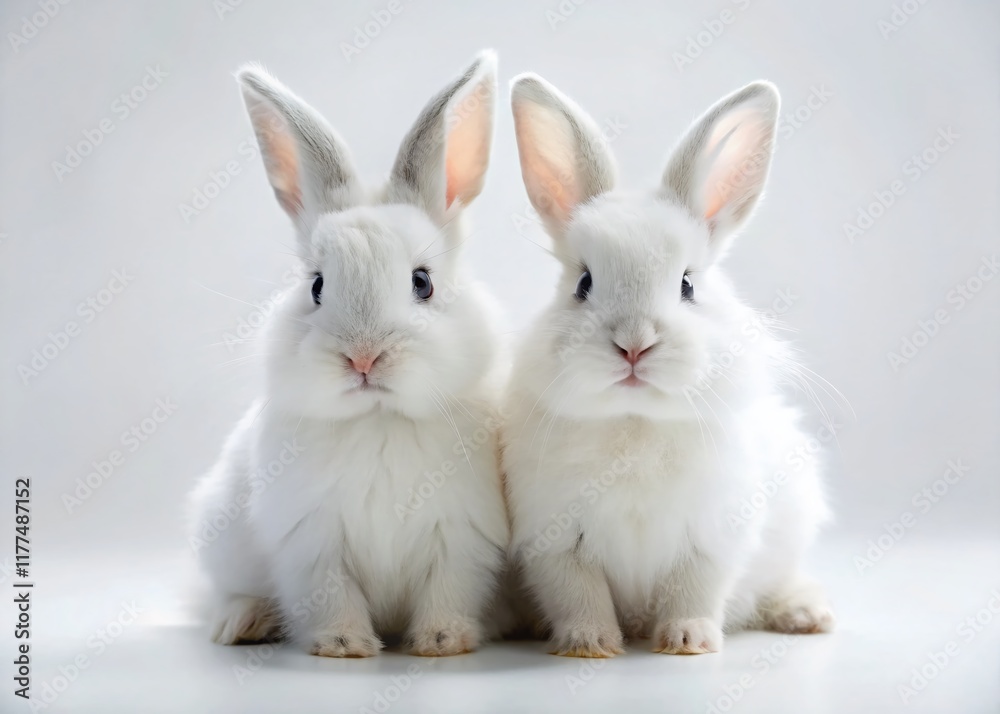 Fototapeta premium Long Exposure Photo of Two Rabbits Sitting Together on White Background