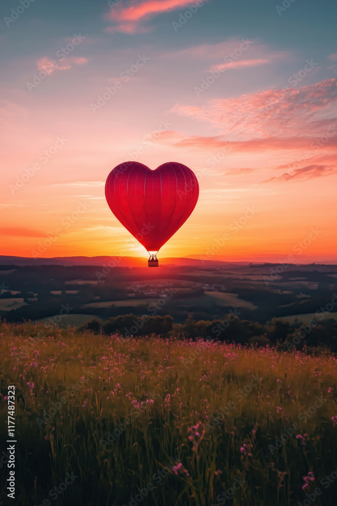 Fototapeta premium A bright red, heart-shaped hot air balloon floating over a green field on a clear evening day with a beautiful sunset