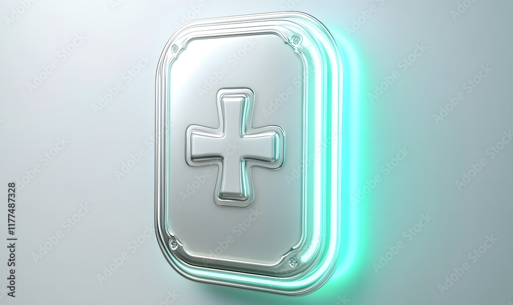 Fototapeta premium Glowing metallic medical cross icon.