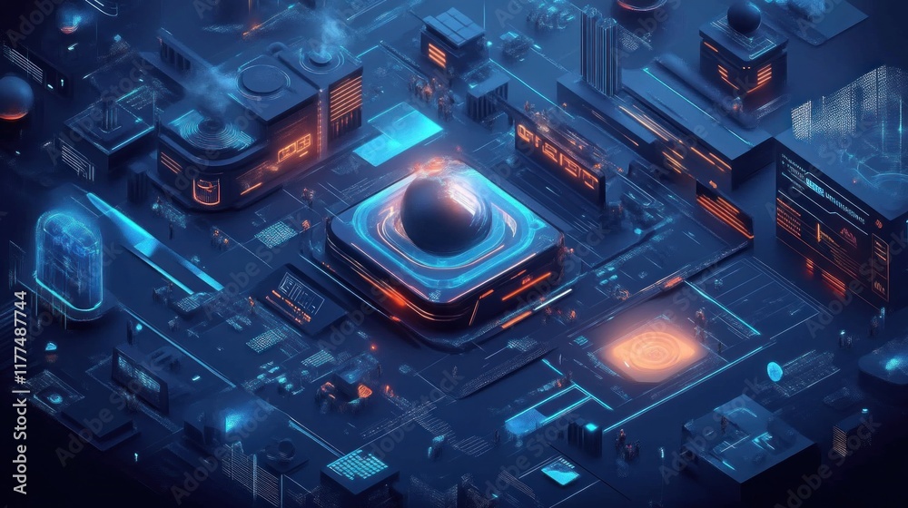Fototapeta premium Futuristic tech hub digital city 3d visualization cyber environment aerial view innovation concept