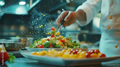 Chef tossing a vibrant salad with corn, tomatoes, and greens in a professional kitchen.