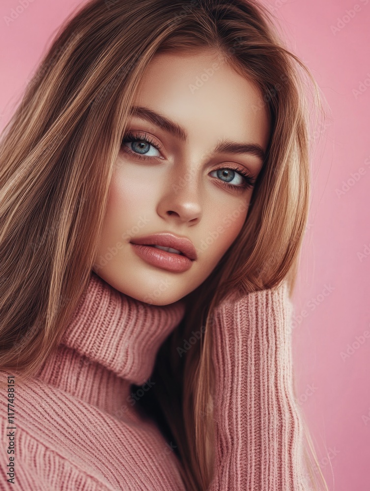 Naklejka premium Stylish portrait of an elegant young woman with long blonde hair in a soft pink sweater against a vivid blush background, showcasing ample copyspace for text.