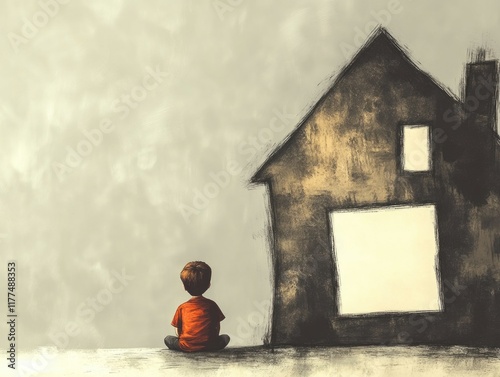 Melancholic boy in orange shirt sitting on floor, sketching a large empty house outline with gray background, ideal for text placement and creative concepts