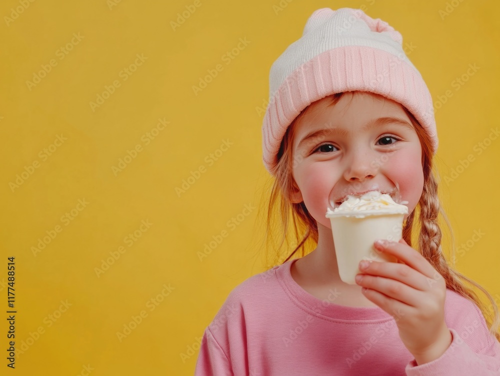 Cheerful young girl with pink beanie eating yogurt against bright yellow background, playful expression and vibrant colors showcasing joy and innocence Cheerful young girl with pink beanie eating yogurt against bright yellow background, playful expression and vibrant colors showcasing joy and innocence