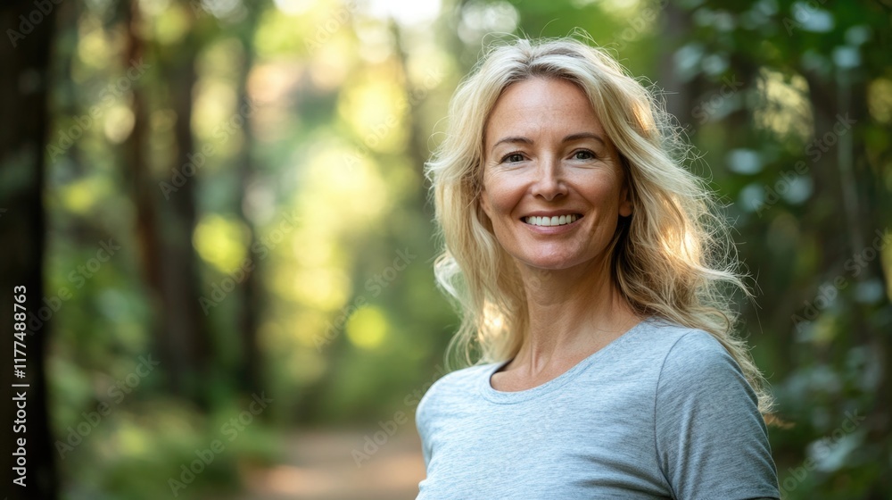 Energetic blonde woman smiling joyfully in sunlit green forest during sports walk with ample greenery background for versatile text placement Energetic blonde woman smiling joyfully in sunlit green forest during sports walk with ample greenery background for versatile text placement
