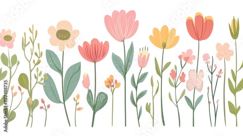Pastel floral bouquet illustration, spring garden, white background, design element