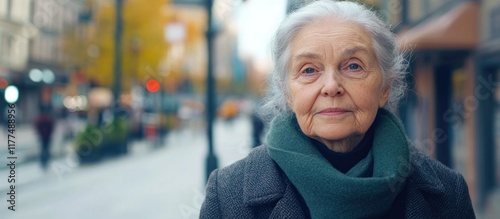 Elderly woman with gray hair wearing a green scarf stands on a city street with blurred background and warm autumn colors highlighting empty space for text. photo