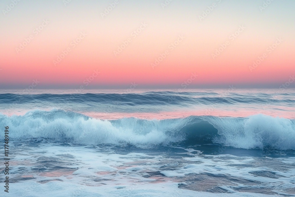 Fototapeta premium Ocean waves crashing at sunrise with pink sky