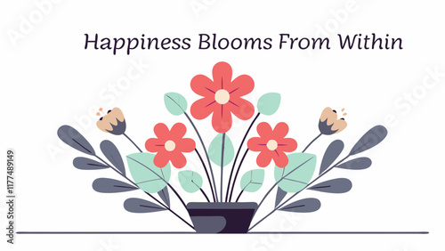 A colorful illustration of a flower bouquet in a vase with the quote "Happiness Blooms from Within," promoting self-care and positive mental health.