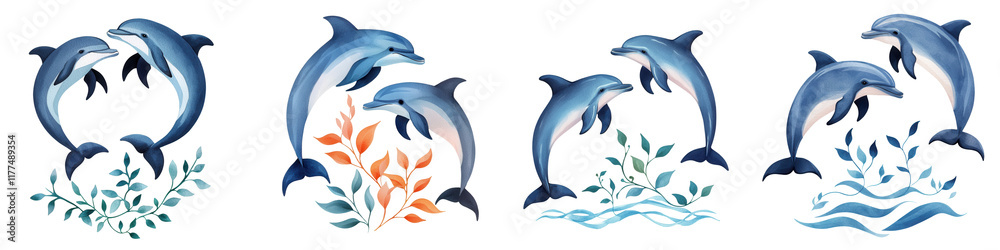 Fototapeta premium Majestic Dolphins Leaping Gracefully Over Crystal-Clear Water in a Vibrant and Colorful Ocean Scene, Showcasing Nature's Beauty and Playfulness